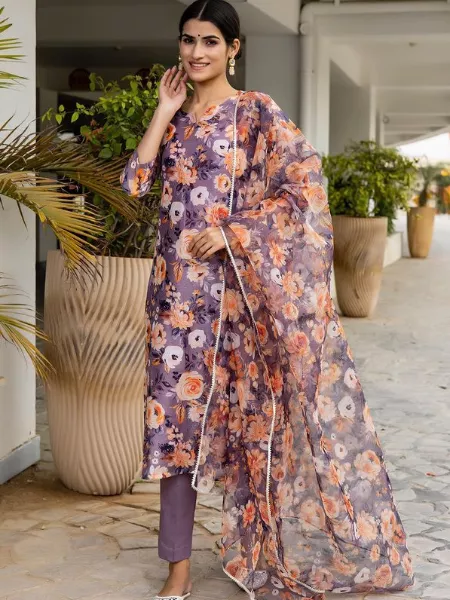 Lavender Color Floral Print Kurta Pent Set in Pure Chanderi Cotton With Dupatta Daily Wear Kurta Pent Set