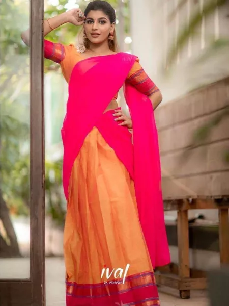 Orange Color Kanjivaram Silk Half Saree Lehenga South Indian Lehenga Choli