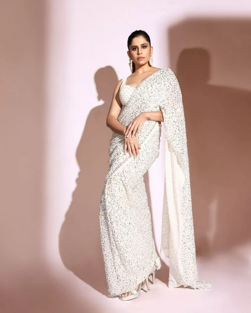 Faux Georgette Party Wear Saree in White and Off White with Thread work | Party  wear sarees, Party wear sarees online, Saree designs