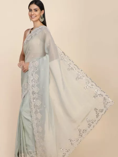 Sky Blue Soft Organza Saree With Heavy Embroidery and Foil Mirror Work Diwali Festival Saree