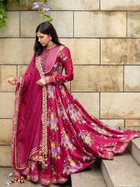 Kalyani Priyadarshan in a Wine Floral Anarkali for Party and Ceremony South Fashion Dress