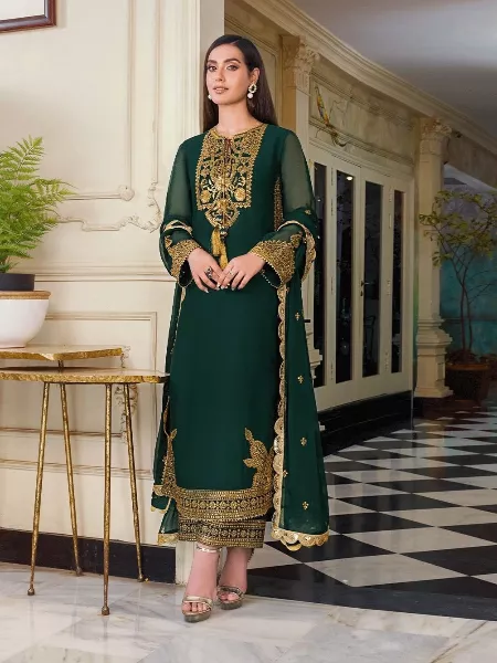 Designer Green Color Pakistani Suit With Embroidery Work and Dupatta Indian Pakistani Wear