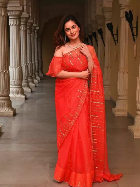 Red Color Designer Organza Saree With Sequence Work for Diwali Party Wear Saree