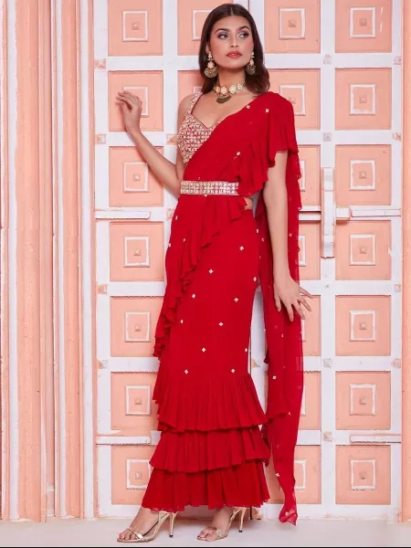 Red Color Ruffle Saree in Georgette With Foil Mirror Embroidery Work and Waist Belt