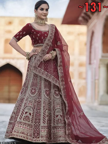 Maroon Color Tapeta Velvet Bridal Lehenga Choli With Heavy Embroidery Work