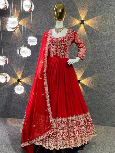 Gown : Red georgette thread sequence work heavy flair party ...