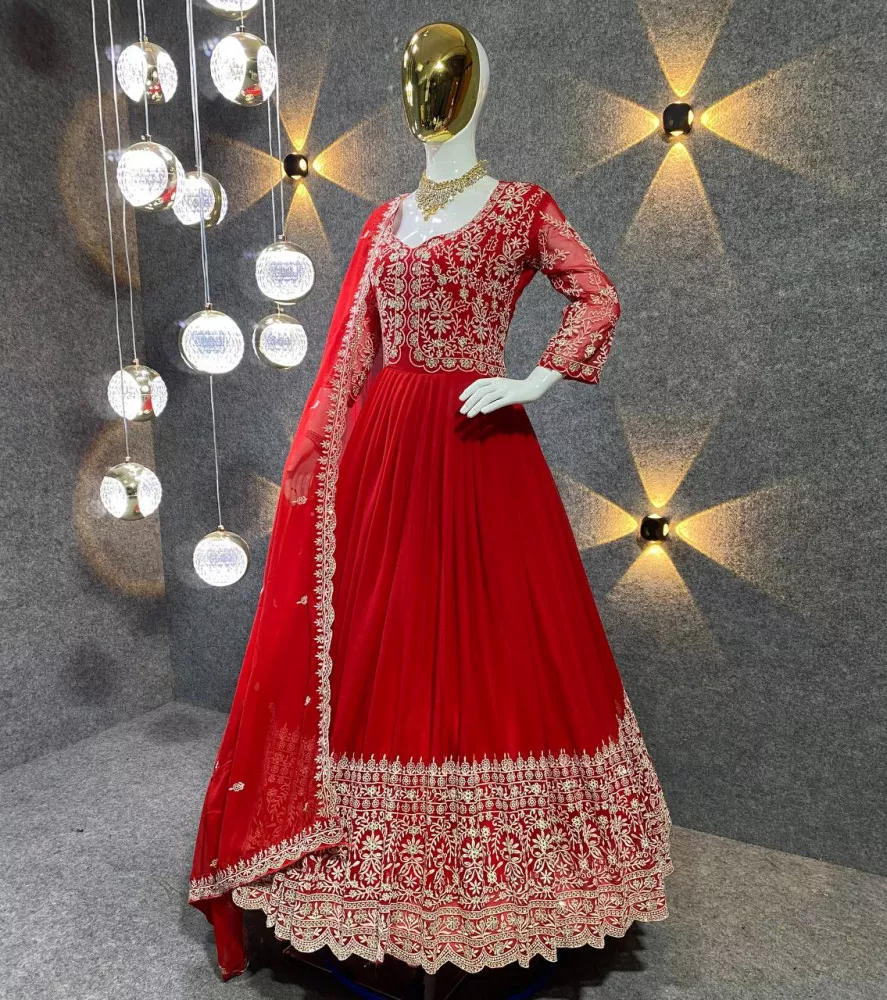 Stunning red color designer gown for wedding look – Joshindia
