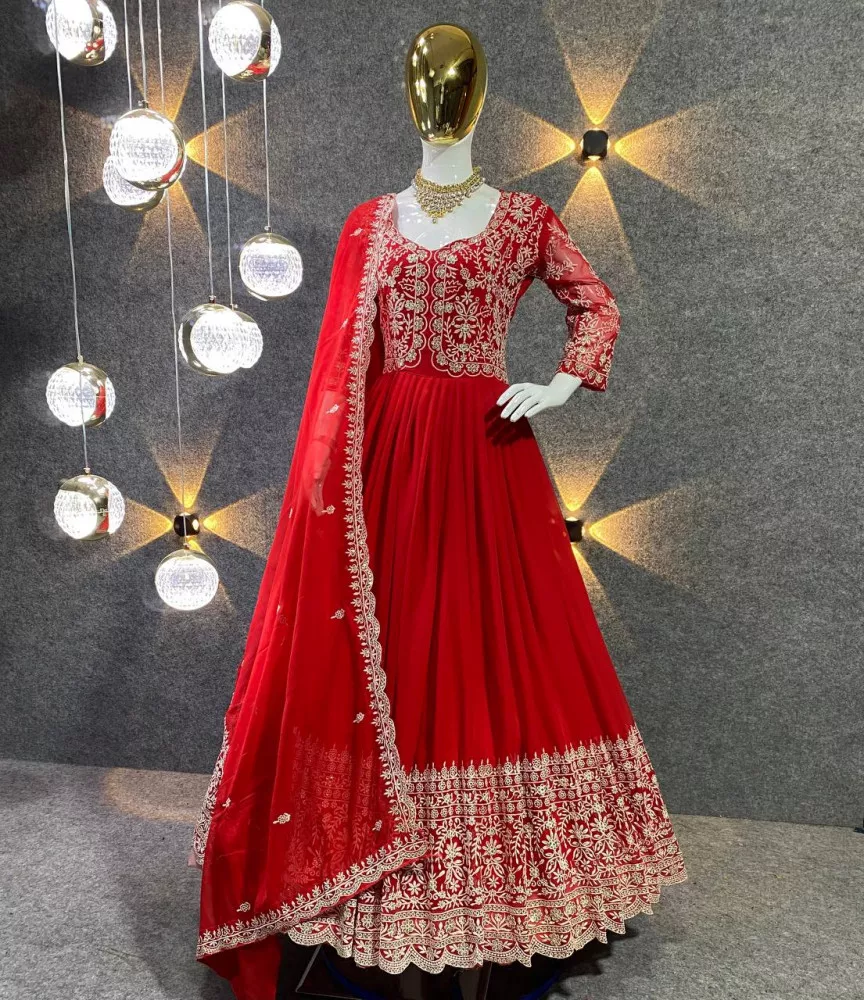 open lace back dress Classic Heavy Work Red Color Georgette Gown – RangVastra.com main image 1