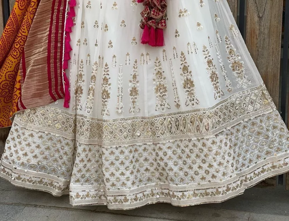 Light Lilac Chikankari Pearl and Mirror Work Georgette Lehenga Set