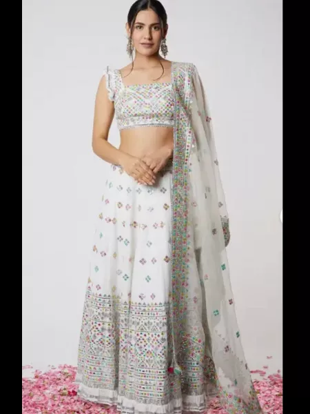 White Georgette Lehenga Choli With Colorful Thread Embroidery and Dupatta