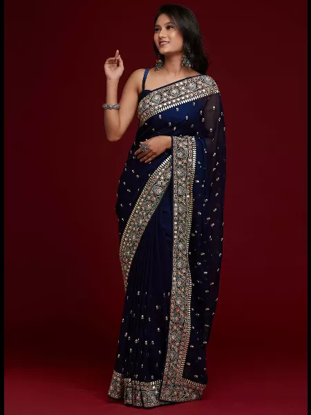 Blue Color Wedding and Reception Saree With Beautiful Embroidery Work