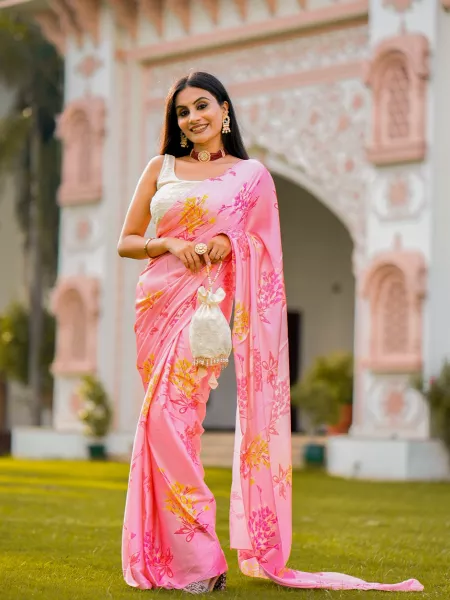 Peach Color Satin Saree in Digital Print With Readymade Blouse and Batwa