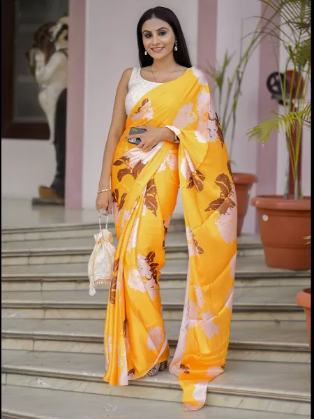Yellow Color Satin Saree in Digital Print With Readymade Blouse and Batwa