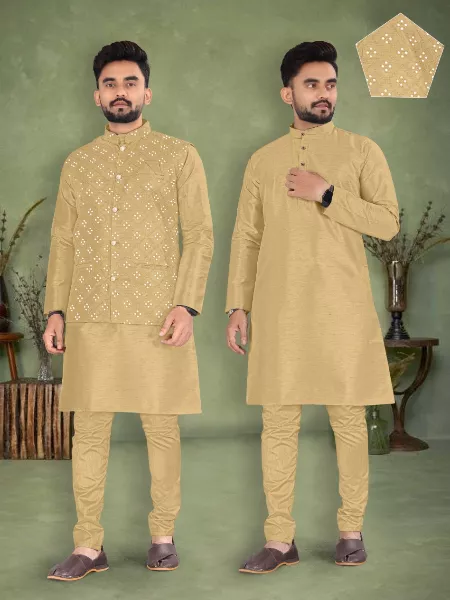 Cream Color Men's Kurta Pyjama Set in Banglori Silk With Mirror Work Koti