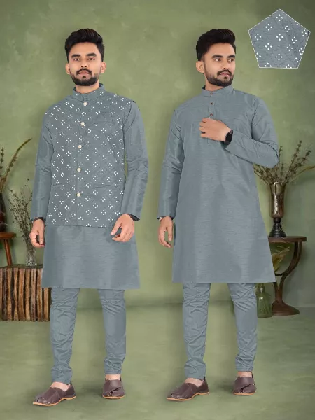 Grey Color Men's Kurta Pyjama Set in Banglori Silk With Mirror Work Koti
