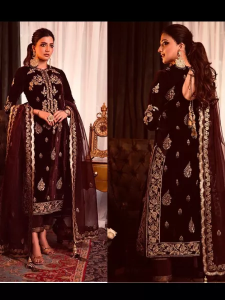 Maroon Velvet Pakistani Suit With Heavy Embroidery Neck and Dupatta