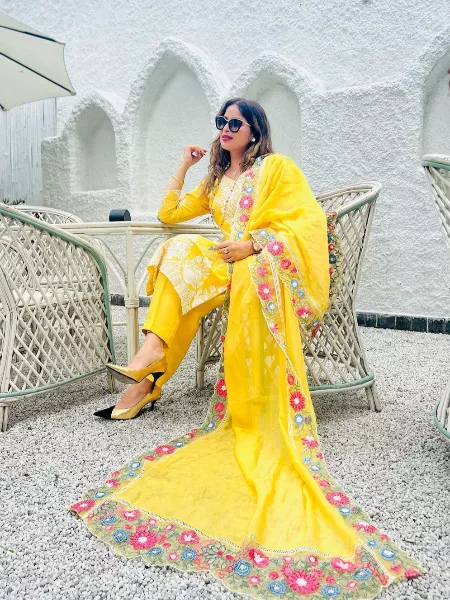 Buy Yellow Threadwork Georgette Unstitched Salwar Suit - Koskii