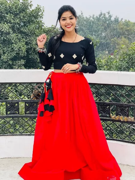 Readymade Red Color Lehenga with Black Choli for Party Wear in Cotton