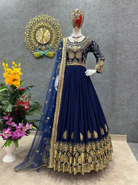 Blue Color Georgette Gown With Heavy Embroidery Work and Dupatta Reception Gown