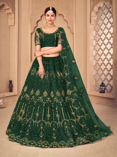 Green Color Bridal Lehenga Choli in Heavy Net with Embroidery Work