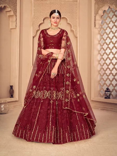 Maroon Color Bridal Lehenga Choli in Heavy Net with Embroidery Work