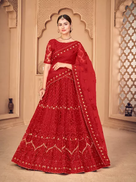 Red Color Bridal Lehenga Choli in Heavy Net with Embroidery Work