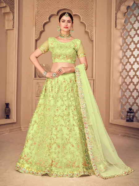 Pista Color Bridal Lehenga Choli in Heavy Net with Embroidery Work
