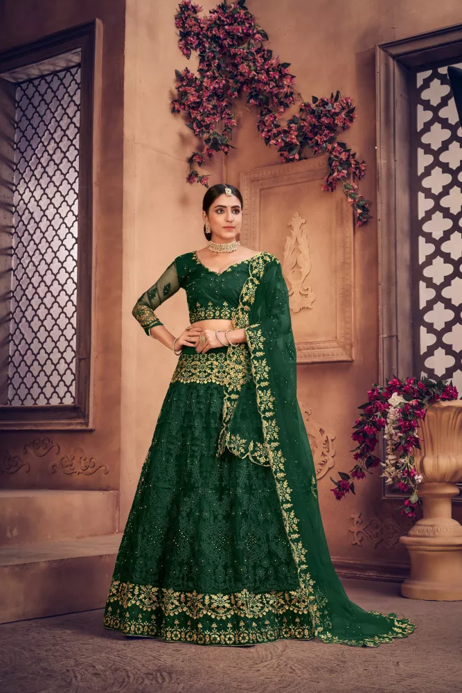 Gorgeous Green Zari And Sequins Embroidered Semi Velvet Semi Stitched  lehenga for bride - MEGHALYA - 2802997 | Green lehenga, Party wear indian  dresses, Designer bridal lehenga