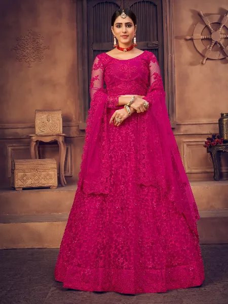 Pink Color Net Bridal Lehenga Choli  with Embroidery Thread Work