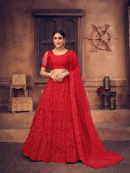 Red Colour Silk Fabric Designer Bridal Lehenga Choli.