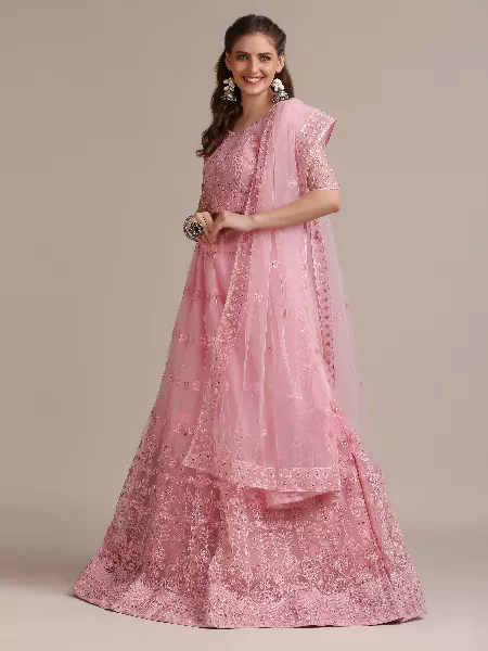 Designer Light Pink Color Net Bridal Lehenga Choli  with Embroidery Thread Work