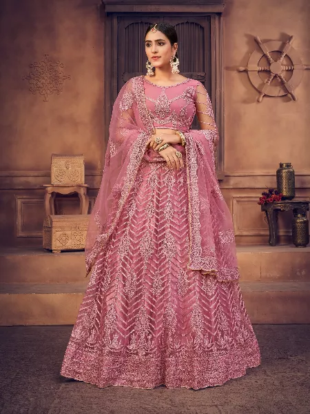 Designer Dusty Pink Color Net Bridal Lehenga Choli  with Embroidery Thread Work