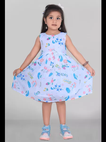 Girls Floral Print Fancy Frock in White Georgette Fabric