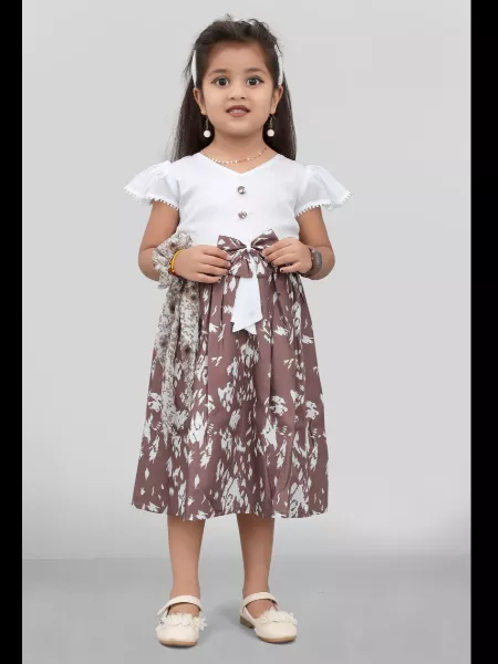 Girls Digital Print Fancy Frock in White and Brown Rayon Fabric
