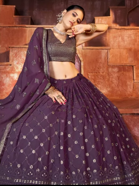 Wine Embroidered Georgette Party Lehenga Choli - LC6088