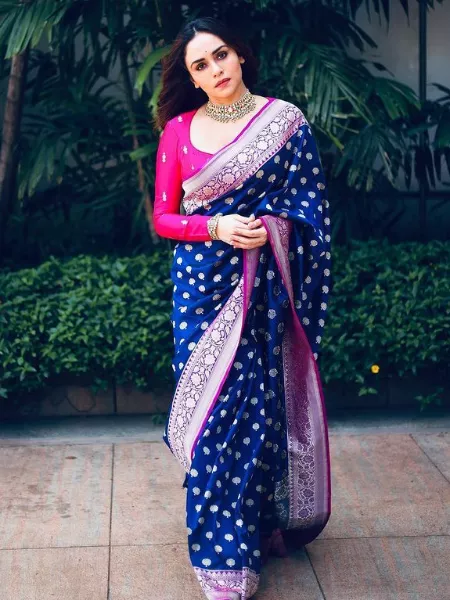Royal Blue Bollywood Saree in Lichi Silk With Pink Border and Blouse