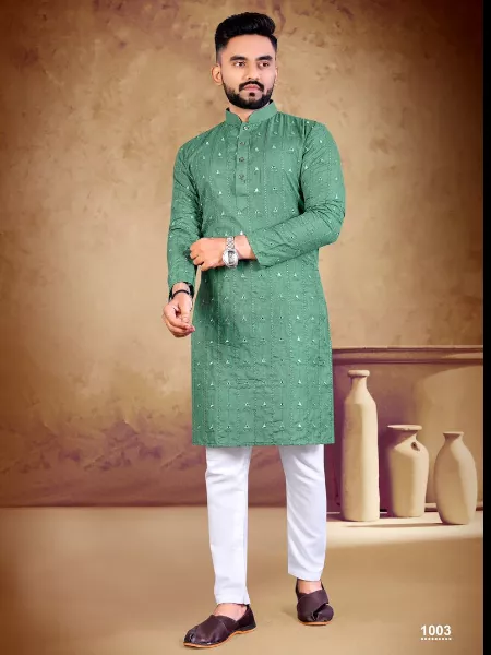 Traditional Kurta for Men in Pista Color Cotton Fabric With Mirror Embroidery Work