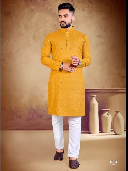 Traditional Kurta for Men in Yellow Color Cotton Fabric With Mirror Embroidery Work