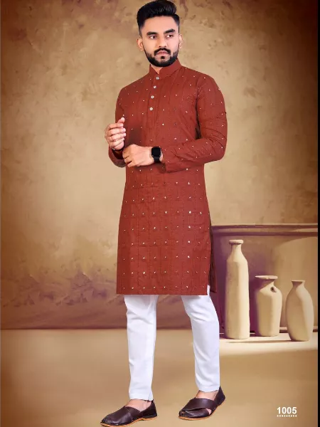 Traditional Kurta for Men in Red Color Cotton Fabric With Mirror Embroidery Work