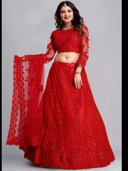 Red Color Bridal Lehenga Choli in Heavy Net with Embroidery and Stone Work