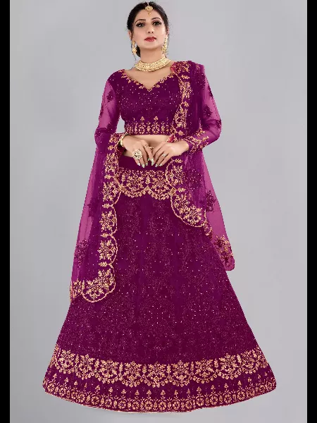 Purple Color Bridal Lehenga Choli in Heavy Net with Embroidery and Stone Work