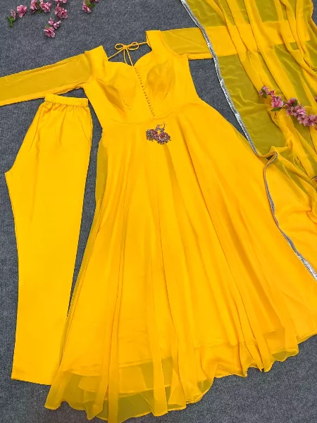 Haldi Ceremony Gown in Georgette With 7 Meter Big Flair Haldi Ceremony Readymade Gown
