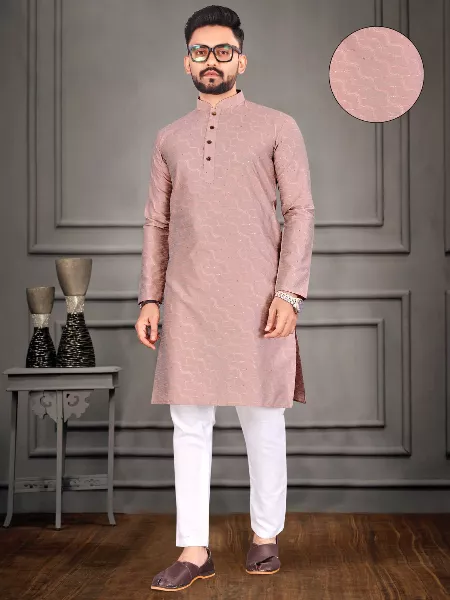Peach Color Men's Kurta Pajama Set in Jacquard With Sequence