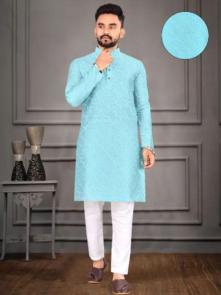 Sky Blue Color Men's Kurta Pajama Set in Jacquard With Sequence