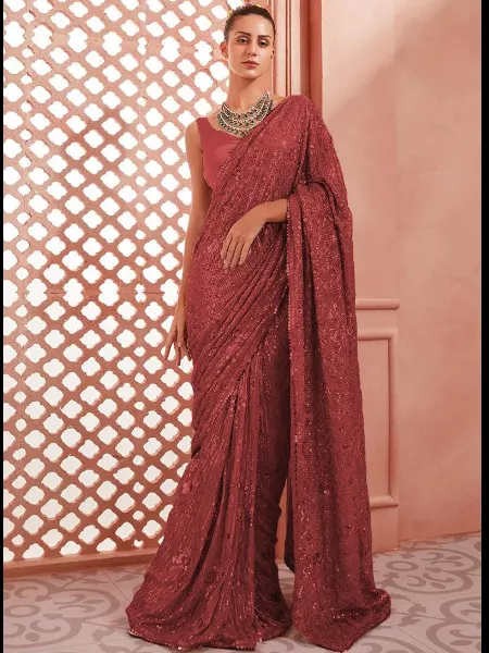 Bollywood Party Wear Sequence Saree in Maroon Georgette With Blouse Designer Sequence Saree