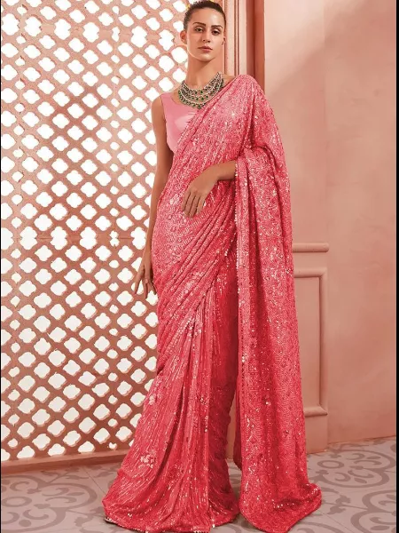 Bollywood Party Wear Sequence Saree in Pink Georgette With Blouse Designer Sequence Saree