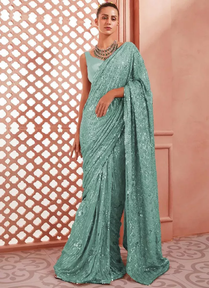 Buy Aqua Blue Saree In Organza With 3D Floral Embroidery In Thread, Zardosi  & French Knots