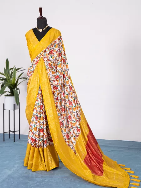 Patola Saree in Mustard Dola Silk Fabric With Geometric Design and Foil Work
