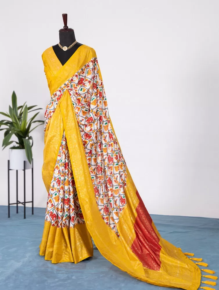 Patola Silk Yellow Foil Print Traditional Saree