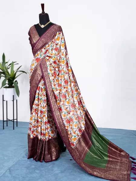 Patola Saree in Wine Dola Silk Fabric With Geometric Design and Foil Work